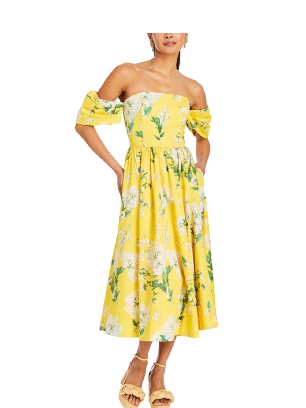 Sunny Yellow Off-Shoulder Floral Midi Dress، rare to find it - Picture 6 of 16